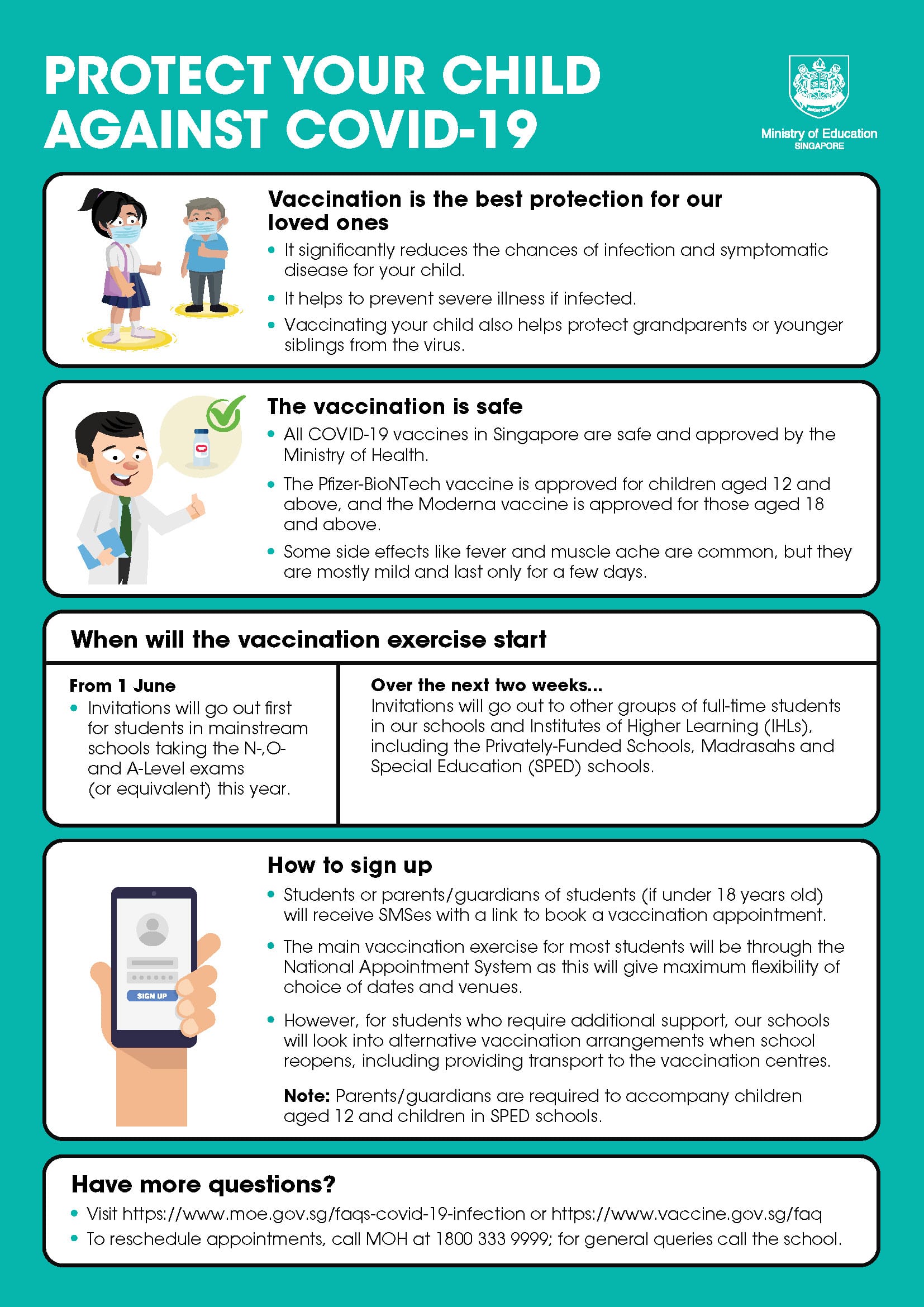 Singapore Ministry of Education infographic titled Protect Your Child Against COVID-19 with vaccination safety and sign-up details.